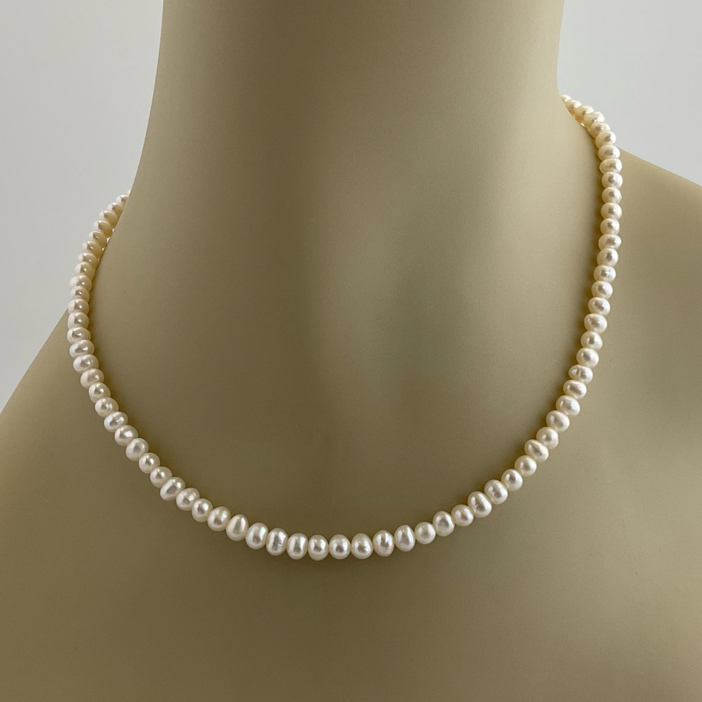 White Pearl Necklace, Oval Fresh Water Pearls, 16 3/4” Long, June Birthstone - Picture 3 of 11